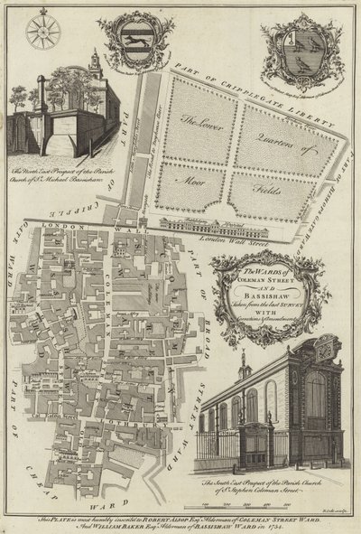 Mapa de los distritos de Coleman Street y Bassishaw, Londres de English School