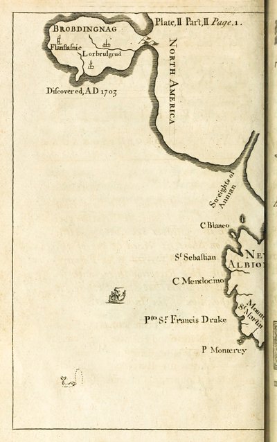 Mapa que muestra la ubicación de Brobdingnag de la primera edición de Los viajes de Gulliver de Jonathan Swift de English School