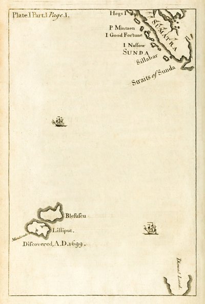 Mapa que muestra la ubicación de Lilliput de la primera edición de Viajes a varias naciones remotas del mundo, más conocido como Los viajes de Gulliver por Jonathan Swift de English School