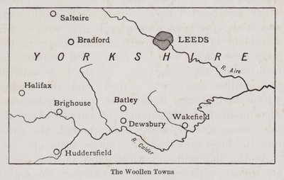 Mapa que muestra las ciudades laneras de Yorkshire (litografía) de English School