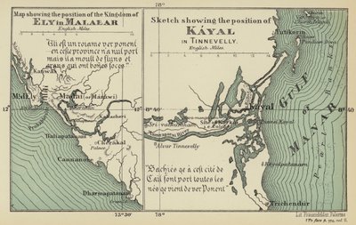 Mapa que muestra la posición del Reino de Ely en Malabar, Croquis que muestra la posición de Kayal en Tinnevelly (litografía en color). de English School