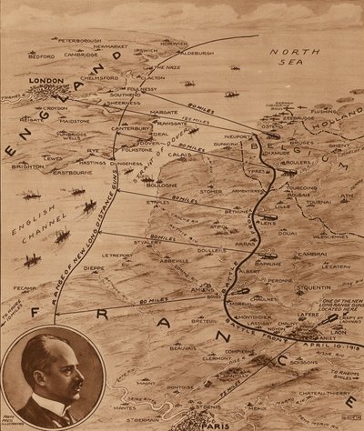 Mapa que muestra el alcance de los cañones alemanes que llegaron a Inglaterra durante la Primera Guerra Mundial (litografía) de English School