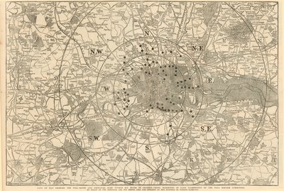 Mapa que muestra las puertas de peaje y las principales barreras dentro de 6 millas de Charing Cross, exhibido a Lord Palmerston por el Comité de Reforma de Peajes de English School