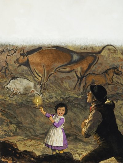 Marcelino Sanz de Sautuola (1831-88) y su hija María descubren las pinturas rupestres de Altamira (gouache sobre papel) de English School