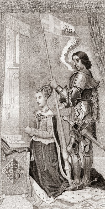 Margarita de Dinamarca con San Canuto, patrón de Dinamarca, detrás sosteniendo un estandarte con la cruz de las cruzadas. Margarita de Dinamarca de English School