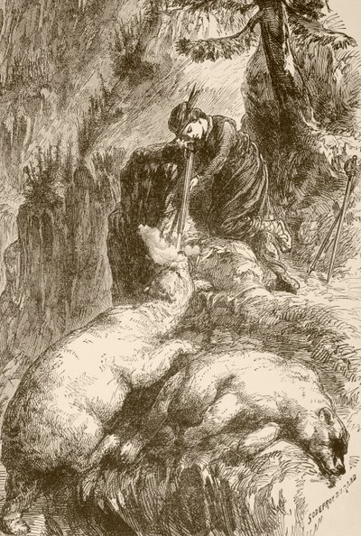 Margarita de Roberval dispara a dos osos en la Isla de los Demonios, frente a Terranova (litografía) de English School