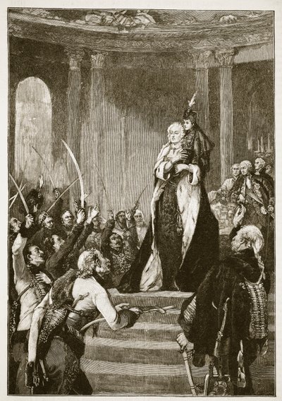 María Teresa y el Parlamento Húngaro, ilustración de Cassells Illustrated History of England de English School