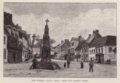 Plaza del mercado, Crecy, Francia, con la antigua cruz del mercado de English School