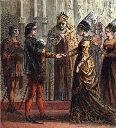 Matrimonio del Rey Enrique V de Inglaterra (1387-1422) con Catalina de Valois (1401-1437) en 1420. "Matrimonio de Enrique V," 1420. Enrique se casó con Catalina, hija del Rey de Francia. de English School