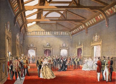 Organización de la procesión de la novia en el salón central de los apartamentos temporales, de A Memorial of the Marriage of Edward VII and Alexandra of Denmark, pub. 1864 de English School