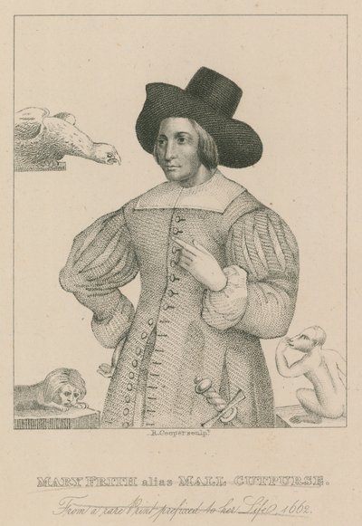 Mary Frith, alias Moll Curpurse, de una rara impresión prefijada a su vida, 1662 de English School