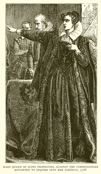 María, Reina de Escocia, protestando contra los comisionados designados para investigar su conducta, 1568 de English School