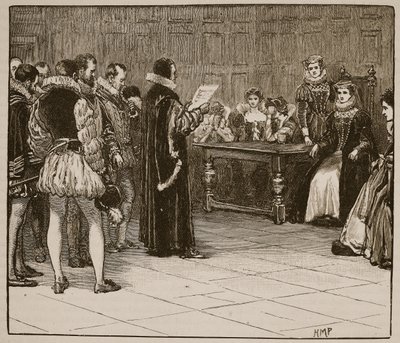 María Reina de Escocia recibiendo la notificación de su destino, ilustración de la Historia Ilustrada de Inglaterra de Cassell de English School