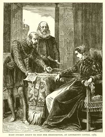 María Estuardo a punto de firmar su renuncia, en el castillo de Lochleven, 1567 de English School