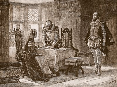 María firmando el acta de abdicación en el castillo de Lochleven, ilustración de la Historia Ilustrada de Inglaterra de Cassell de English School