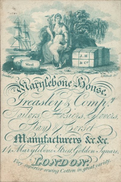 Marylebone House, Greasley & Co, sastres, calceteros, guanteros, fabricantes de corsés y fajas, 14 Marylebone Street, Golden Square, tarjeta comercial de English School