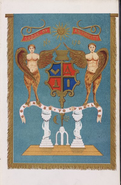 Emblema de la logia masónica que muestra un escudo de armas con ángeles de English School