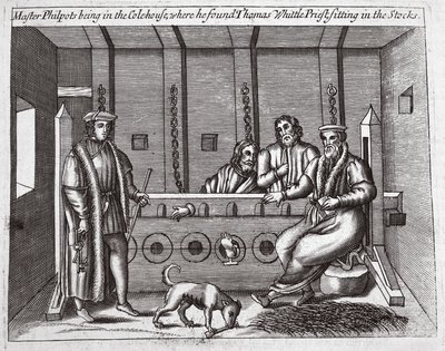 El Maestro Philpots en la Casa de Carbón, donde encontró a Thomas Whittle, sacerdote, sentado en los cepos, ilustración de Hechos y Monumentos de John Foxe, novena edición, pub. 1684 de English School