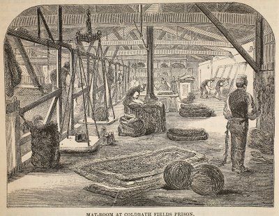 Sala de esteras en la prisión de Coldbath Fields, ilustración de Las prisiones criminales de Londres y escenas de la vida en prisión de Henry Mayhew y John Binny, pub. 1862 de English School