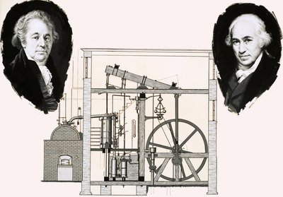 Matthew Boulton y James Watt con una de las máquinas de vapor patentadas de English School