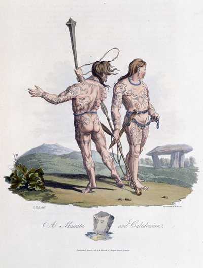 Maxata y caledonio con el cuerpo pintado - en “Celtas y godos, costumbres de los habitantes de las Islas Británicas del siglo VI temprano y de las naciones godas de la costa oeste del Báltico”, por S.R. Meyrick y Ch. Smith de English School