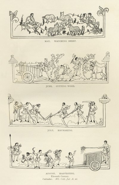 Mayo, Junio, Julio y Agosto, del Calendario y Himnario de Julio, ilustración de Historia del Pueblo Inglés de English School