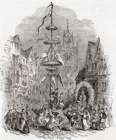 Maypole dancing in front of St Andrew Undershaft Church, London, England in the 19th century, fFrom Old England: A Pictorial Museum, pub. 1847 de English School