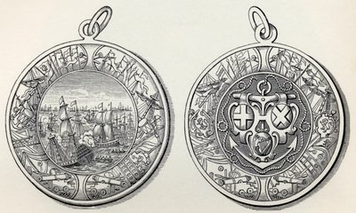 Medalla conmemorativa de las victorias del Almirante Robert Blake sobre los holandeses en 1653, de A Short History of the English People por J. R. Green, publicado en 1893 de English School