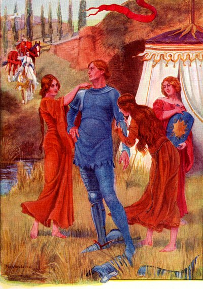 El caballero medieval Estrella de la Mañana se prepara para la batalla. Ilustración coloreada de la historia de Gareth y Lynette del libro The Gateway to Tennyson publicado en 1910. de English School