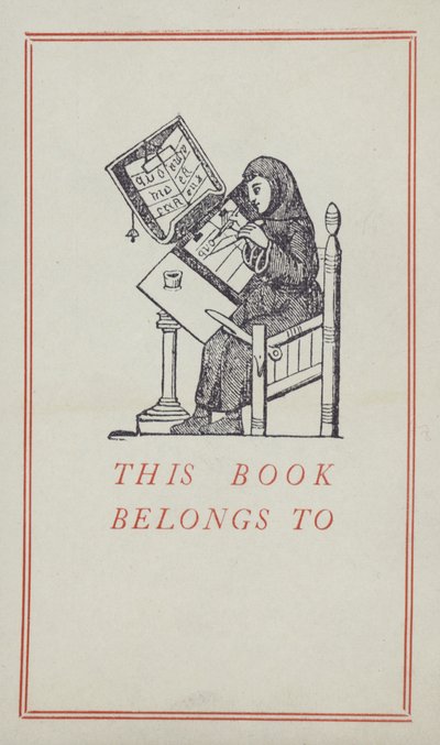 Escriba medieval trabajando en un manuscrito, etiqueta de propiedad de libro de English School
