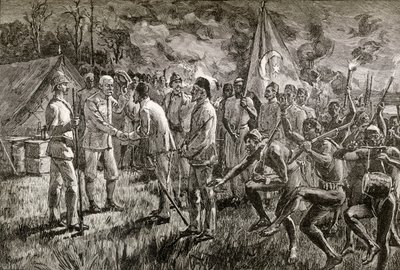 Mehmet Emin Pasha y Gaetano Casati llegan al campamento de Sir Henry Morton Stanley en la orilla del lago Alberto en 1889 (grabado en madera) de English School