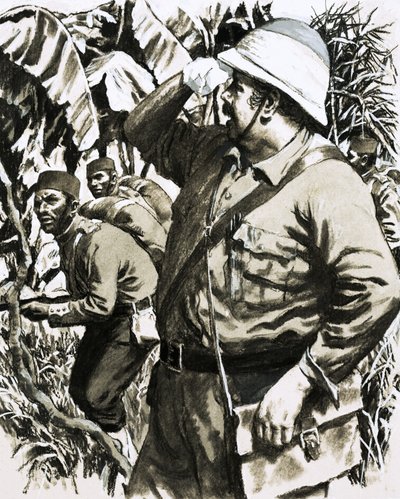 Melton Prior marchando por la jungla birmana con la 11ª Infantería Nativa de Bengala de English School