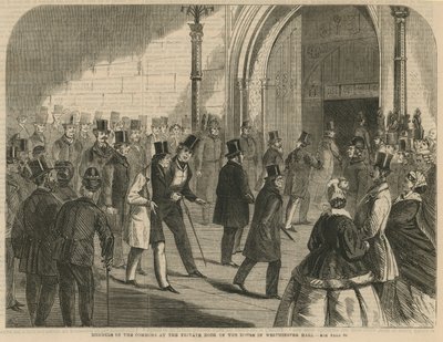 Miembros de los Comunes en la puerta privada de la Cámara en Westminster Hall de English School