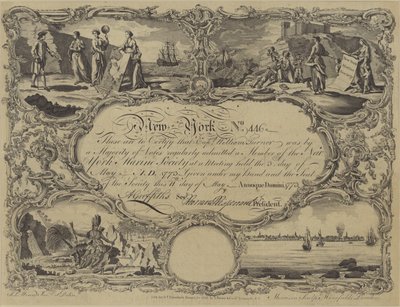 Certificado de membresía de la Sociedad Marina de Nueva York, 1773 de English School