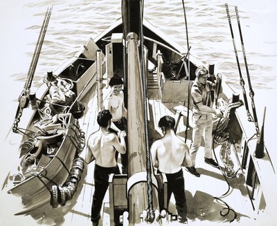Hombres a bordo de un barco de vela de English School