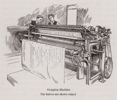 Hombres trabajando en una máquina de recorte de textiles (litografía) de English School