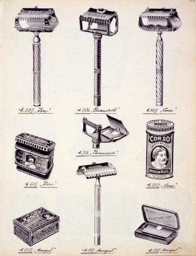 Equipo de afeitado para hombres, de un catálogo comercial de bienes y accesorios domésticos, c.1890-1910 de English School