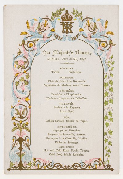 Menú para la cena de la Reina Victoria el lunes 21 de junio de 1897, el día antes de su Jubileo de Diamante de English School