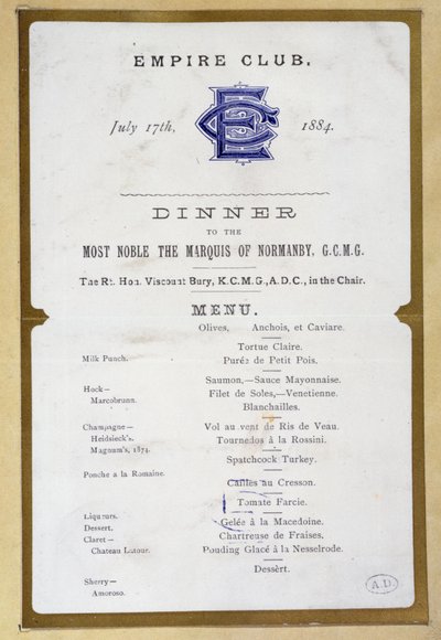 Menú del Empire Club, 17 de marzo de 1884 de English School