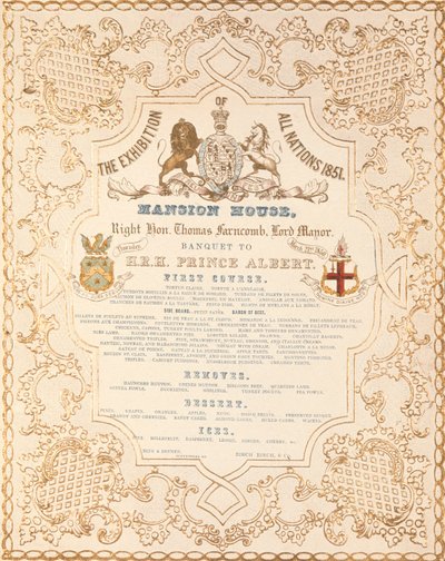 Menú del banquete para el Príncipe Alberto en la Mansion House, para conmemorar la Gran Exposición de Todas las Naciones, Londres, 1851 de English School