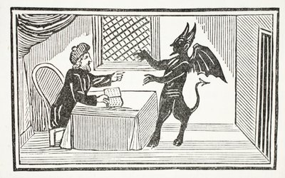 Mefistófeles llega a la casa del doctor, ilustración de Chap-books of the Eighteenth Century por John Ashton, pub. 1882 de English School