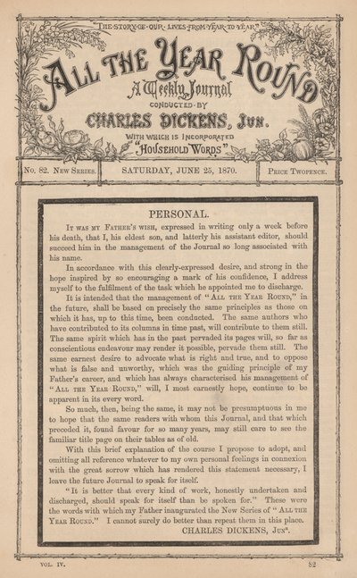 Mensaje de Charles Dickens Junior en el semanario All The Year Round, tras la muerte de su padre de English School