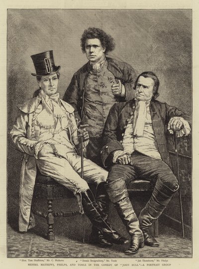 Messers Mathews, Phelps y Toole en la Comedia de "John Bull", un Grupo de Retratos (grabado) de English School