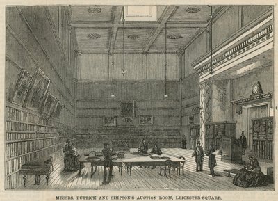 Sala de subastas de Messrs Puttick y Simpson, Leicester Square, Londres de English School