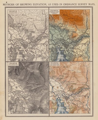 Métodos de representación de las elevaciones en los mapas de Ordnance Survey (litografía en color) de English School