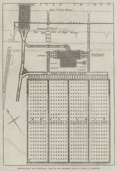 Drenaje principal metropolitano, plan de las obras de salida sur en Crossness de English School
