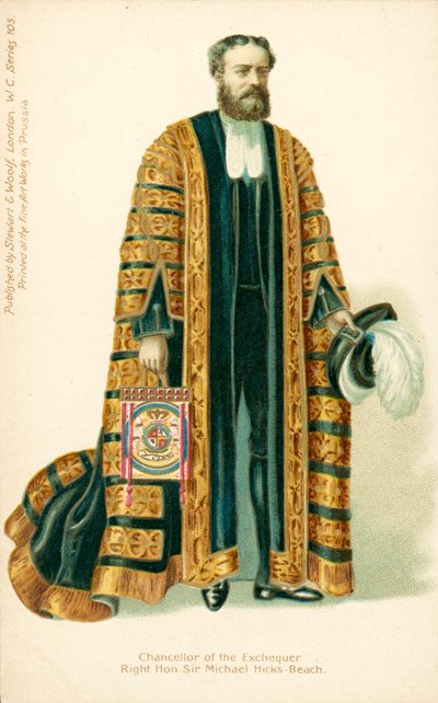 Michael Edward Hicks Beach, Ministro de Hacienda (litografía en color) de English School