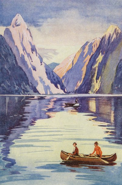 Milford Sound, Nueva Zelanda (litografía en color) de English School