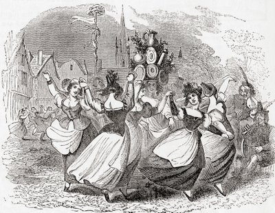 Baile de la lechera, con pila de platos, Primero de Mayo, Inglaterra, de Old England: A Pictorial Museum, pub. 1847 de English School