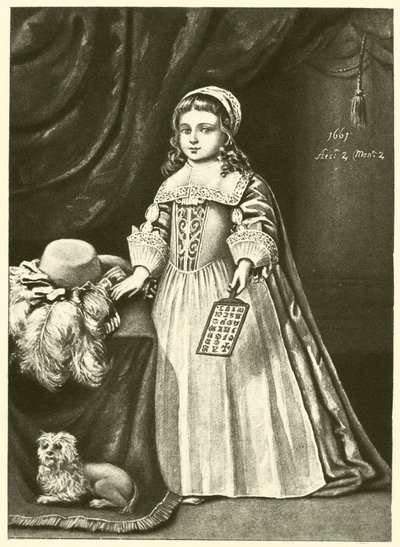 Miss Campion, sosteniendo un libro de cuerno (grabado) de English School